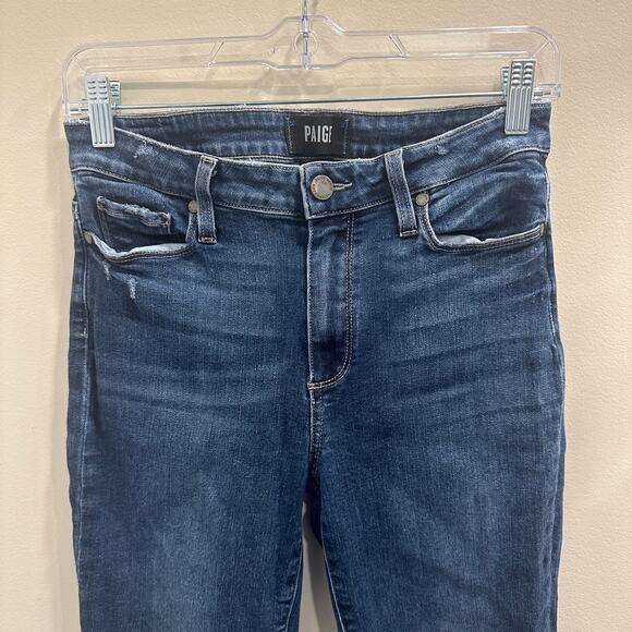 Paige Colette Mid-Rise Crop Flare Jeans Palma Dark Blue Asym Fray Hem Boho Sz 29 - Picture 4 of 8